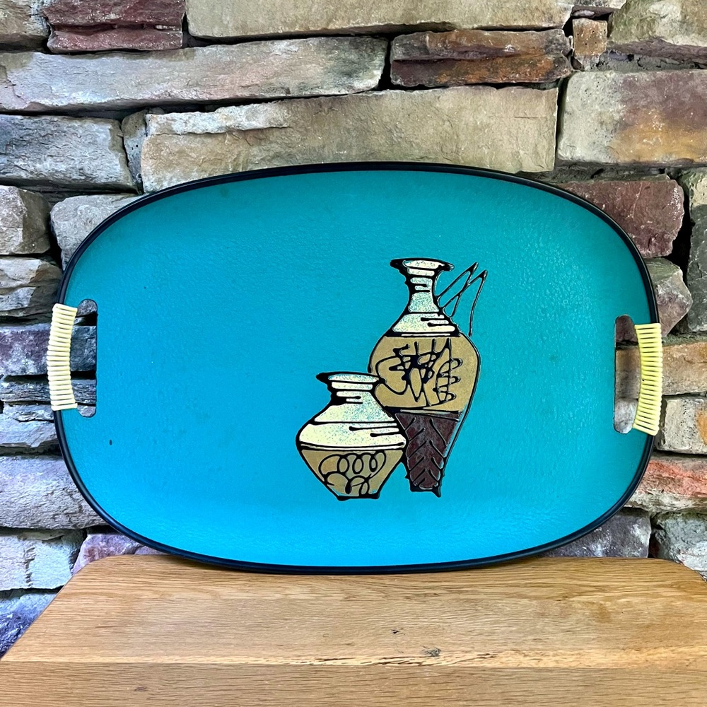 VTG Mid-century Modern Tray Turquoise Serving Handles Tilso Japan Fiberboard MCM